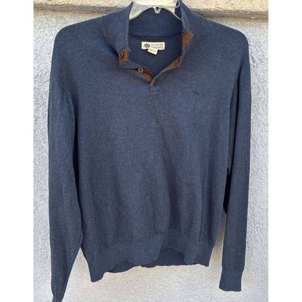 Onward Reserve Quarter Button Cotton Sweater Mens Sz L Dark Blue Long Sleeve